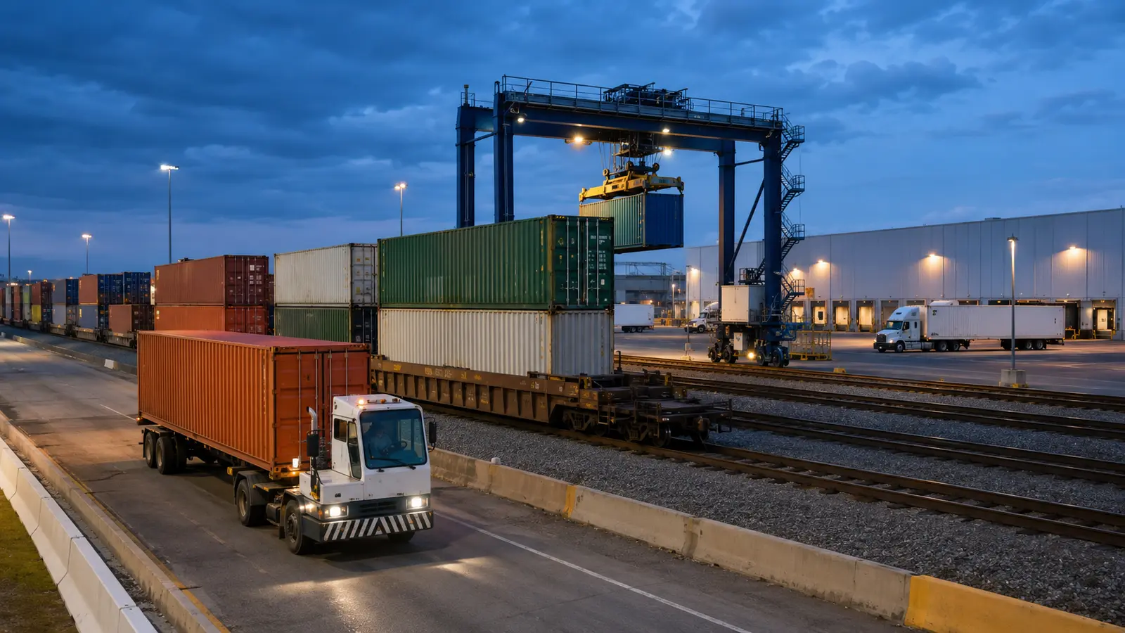 Container train, drayage tractor and distribution center at an inland intermodal terminal