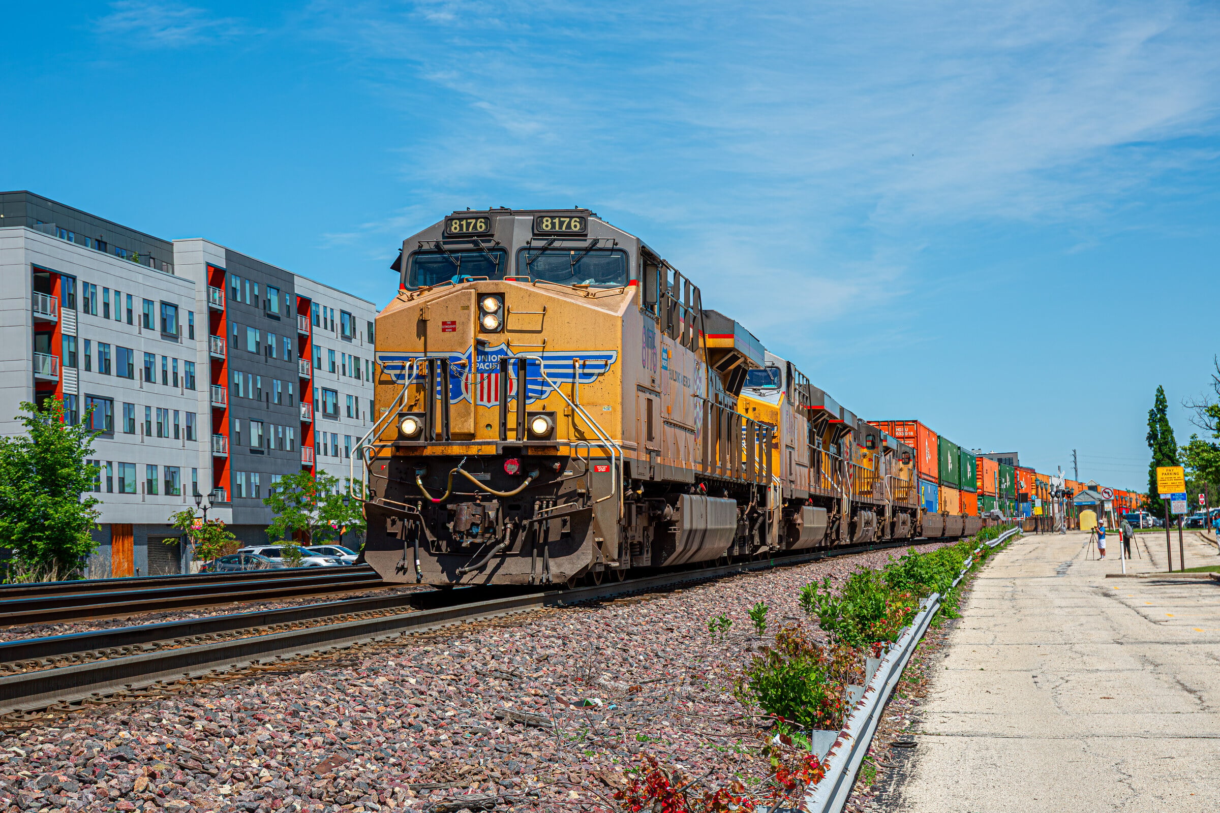 Union Pacific locomotive 8176 leading a double-stack container train through Elmhurst, Illinois.
